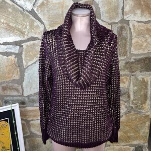 Cache Burgundy & Gold Sequin Textured Knit Cowl Neck Sweater
